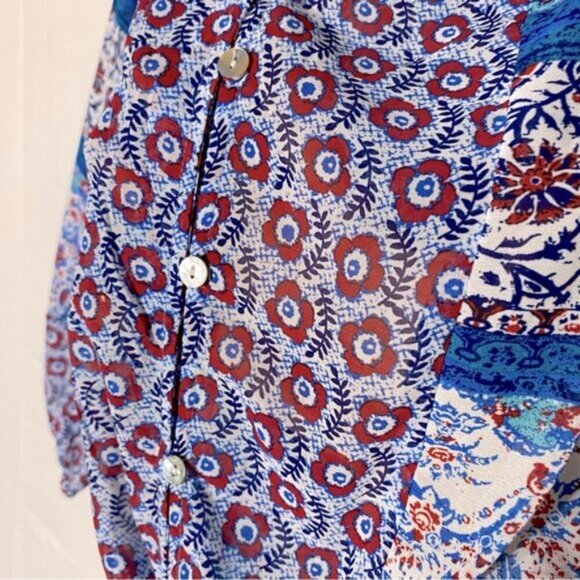 Fig And Flower Blue Red White Multi Print Boho tTie Front Semi Sheer Blouse M - Picture 7 of 15